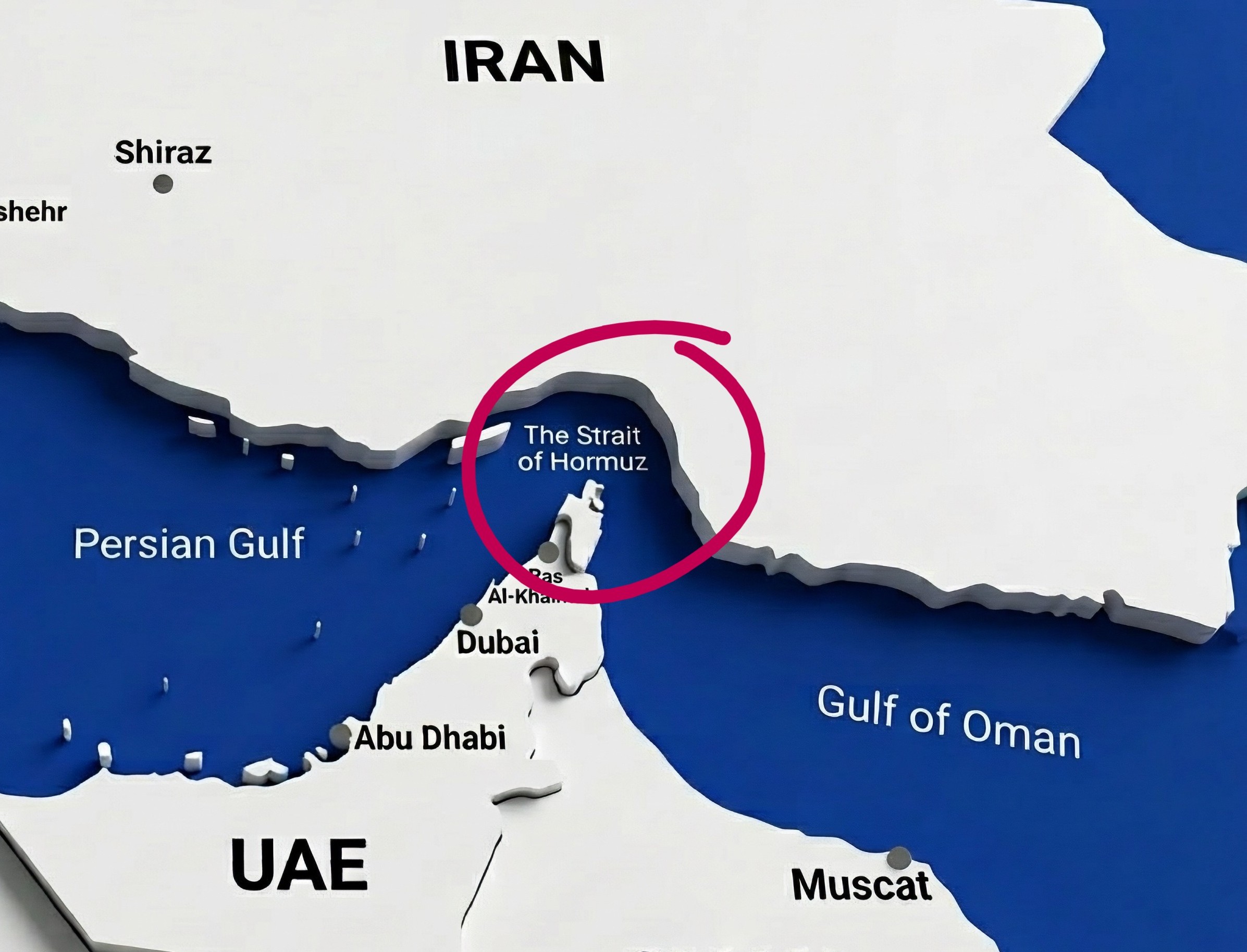 Detailed Persian Gulf and Strait of Hormuz Geopolitical 3d Map in White Background
